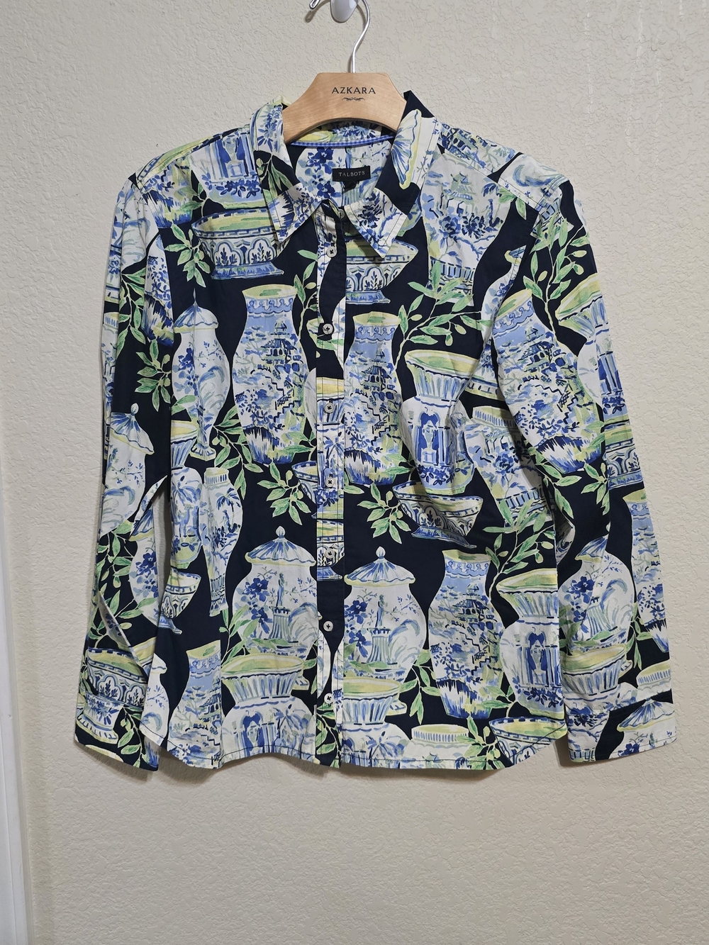 Talbots Navy Blue & Green Vase-Print Button-Down Shirt - Women